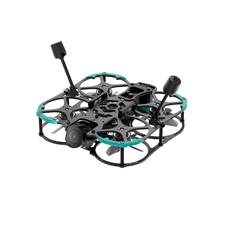 Black and teal Sub250 FPV drone on a white background