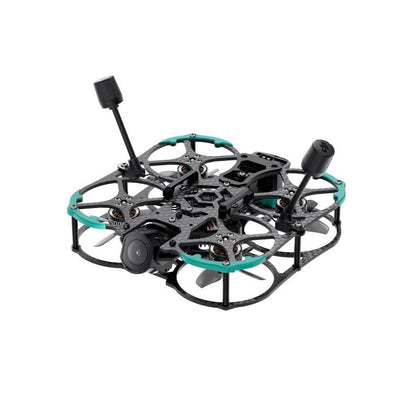 Black and teal Sub250 FPV drone on a white background